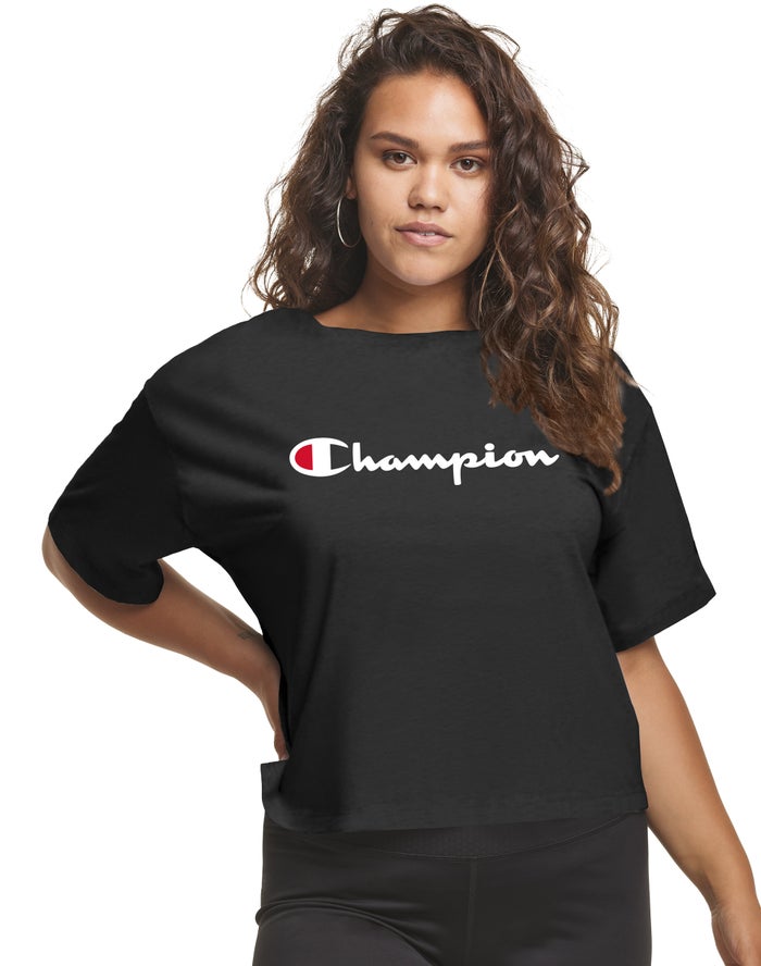 Champion Plus Cropped Script C Logo - Naisten Mustat T-Paita - Suomi 1593846-SK